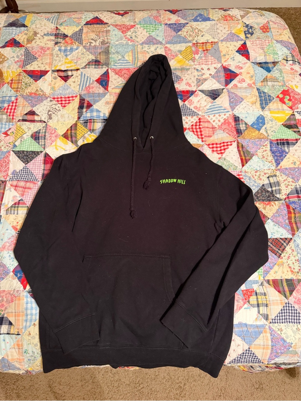 Shadow Hill Black Crewneck Hoodie with Neon Green Logo